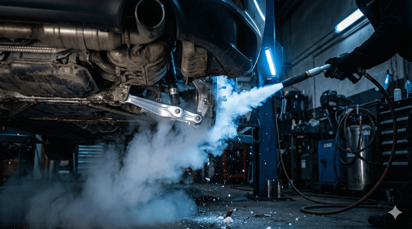 Odstranění asfaltu a nečistot z podběhů metodou tryskání suchým ledem